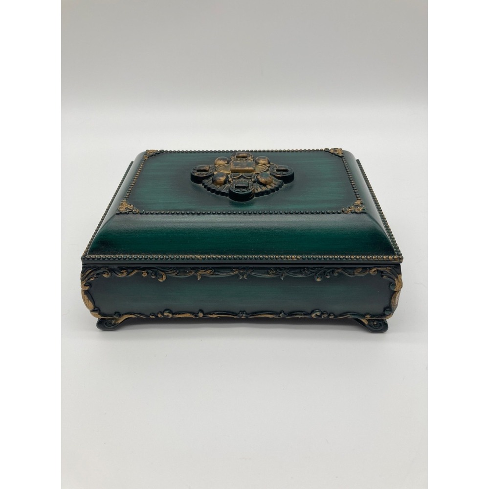 Vintage Ornate Emerald Green Molded Resin Footed Jewelry Box Mirror Velvet Lined